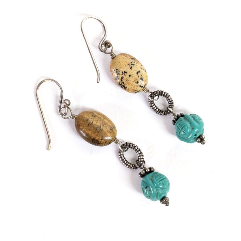 Artisan Dalmatian Stone & Carved Blue/Green Bead Dangle Earrings Boho Western